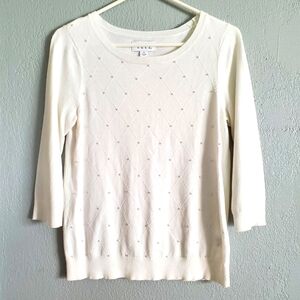 Elle Womens M White Diamond Pattern with Pearl's 3/4" Sleeves Sweater